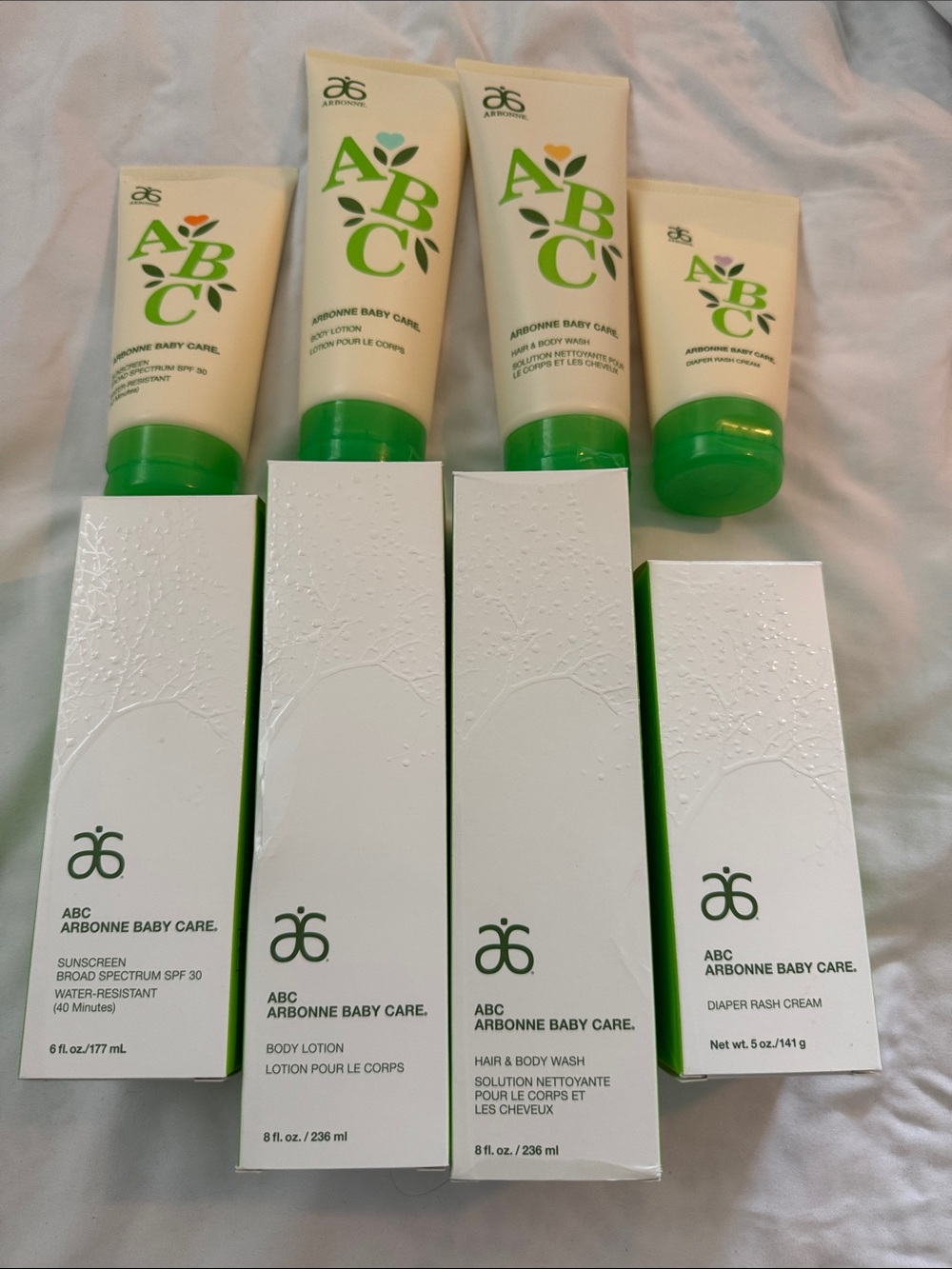 Arbonne ABC Baby Care Set body lotion, hair and body wash, diaper rash sunscreen